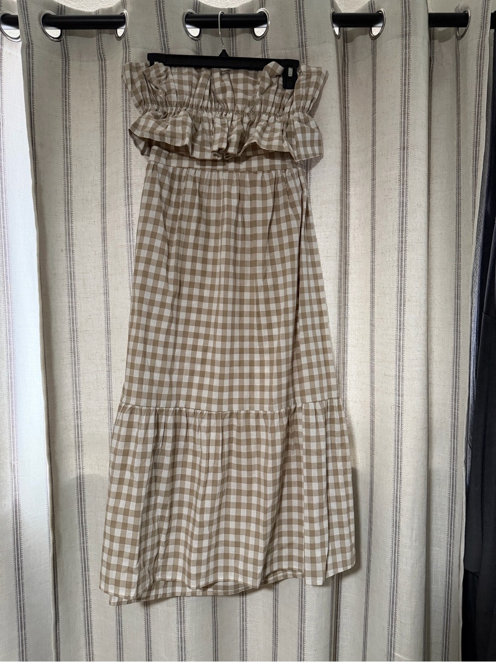 Lush Beige and White Gingham Smocked Maxi Skirt